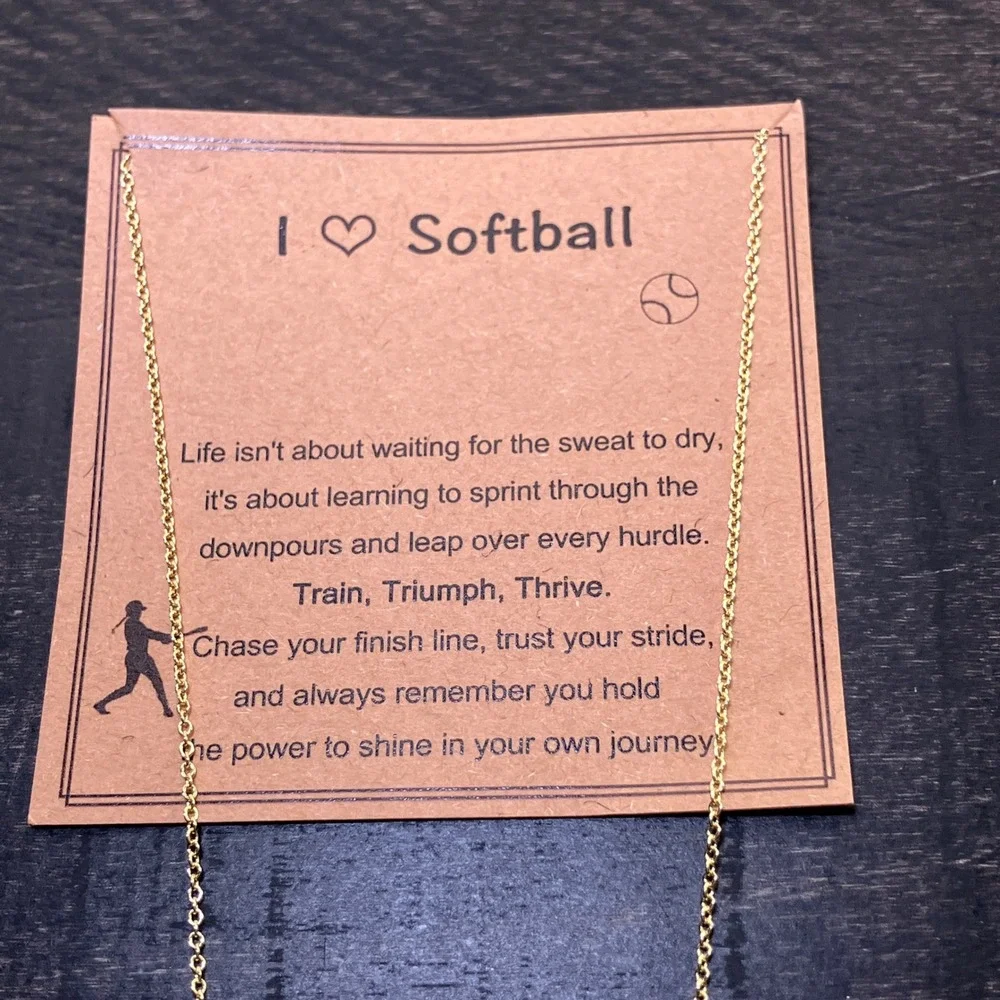 Kids I Love Softball Necklace Gold Tone Chain Charm Gift Bag
